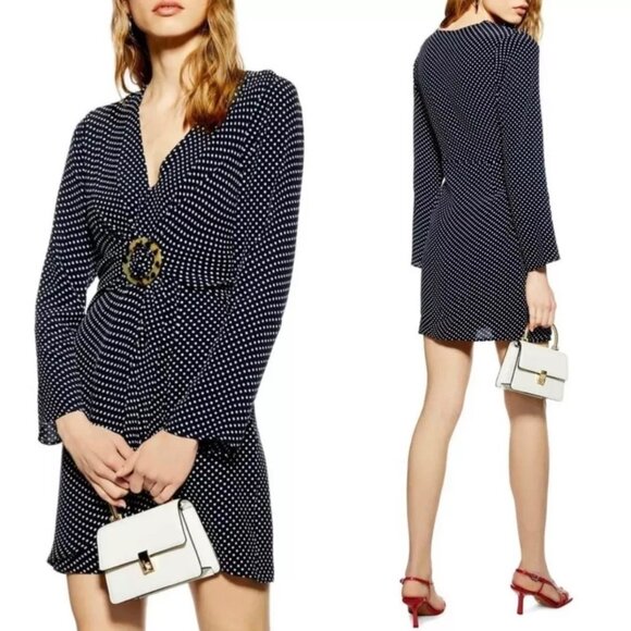 Topshop Womens Blue Polka Dot Long Sleeve Mini Dress Tortoise Ring size 2 - Picture 1 of 13